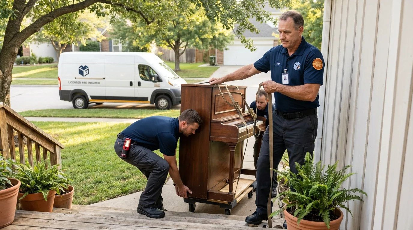Licensed piano movers securing grand piano in Fayette, OH